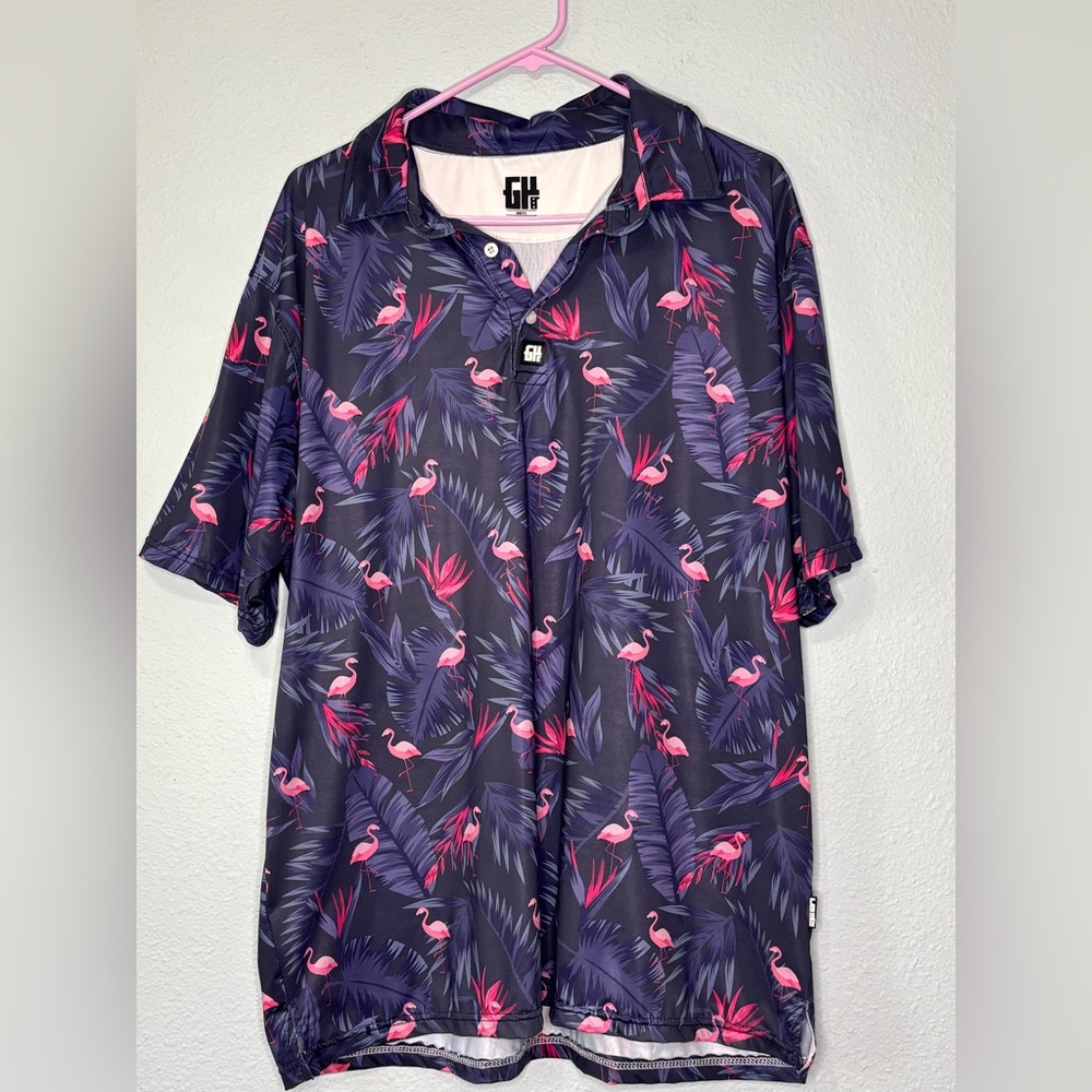 Greater Half Mingos Purple Flamingo Print Golf Polo Shirt XL